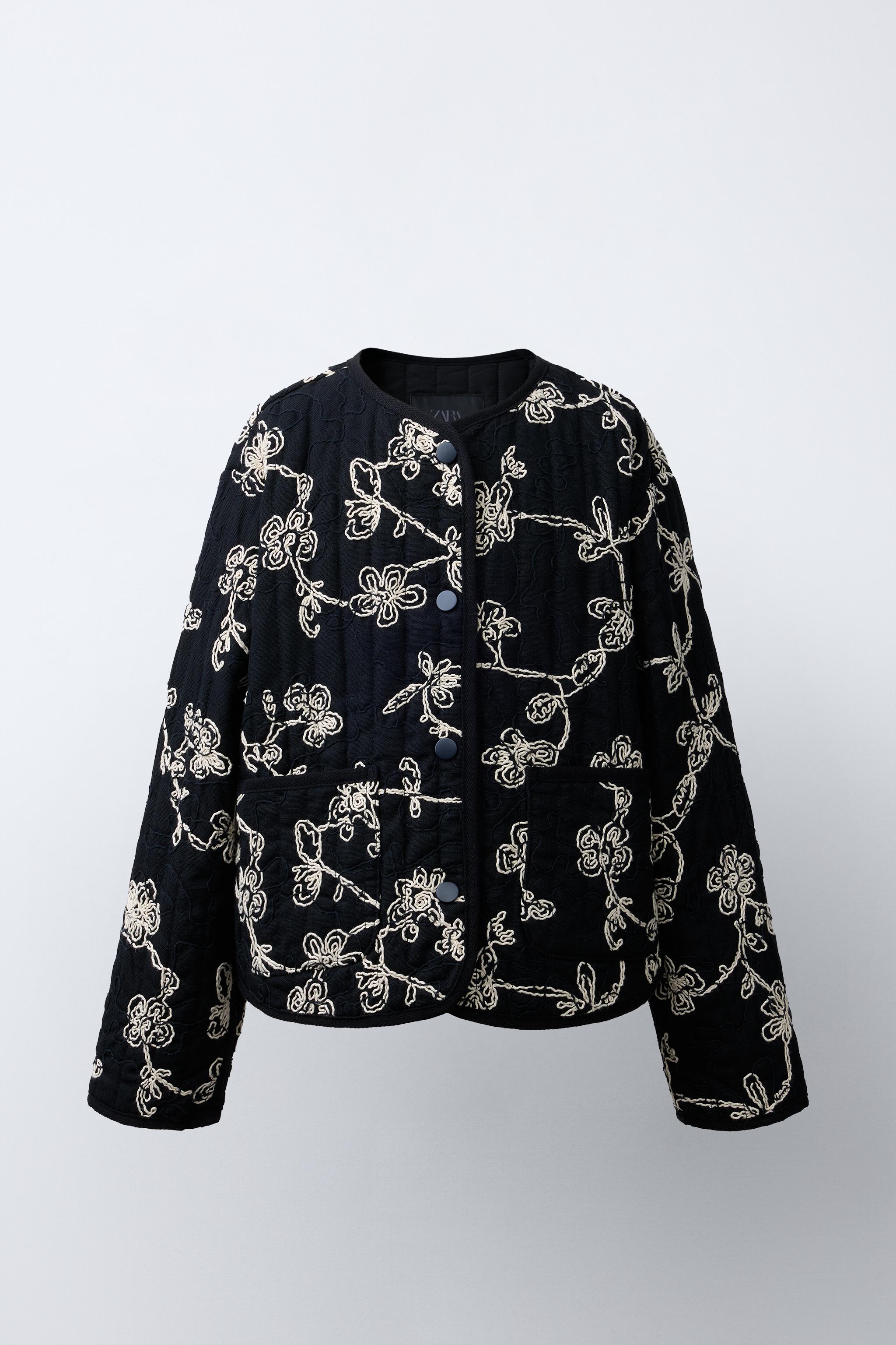 コントラスト刺繍キルティングジャケット - ブラック/エクリュ | ZARA