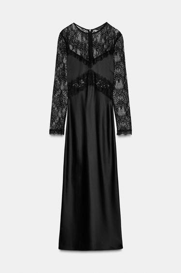 Zara LONG COMBINATION LACE DRESS - Black