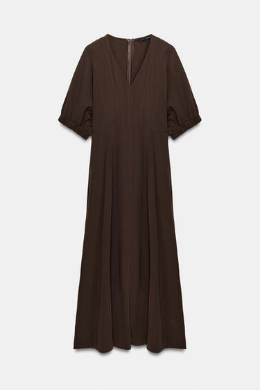 VESTIDO MIDI ESCOTE PICO - Marrón de Zara - Imagen 0