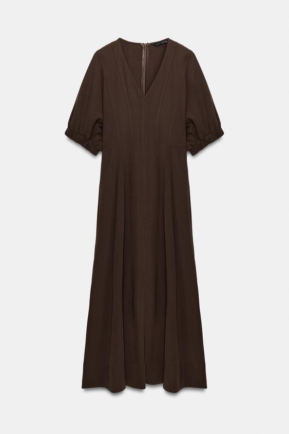 VESTIDO MIDI ESCOTE PICO - Marrón de Zara - Imagen 0