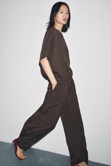 ZW COLLECTION STRIPED LINEN BLEND TOP - Brown / Ecru by Zara - Image 3