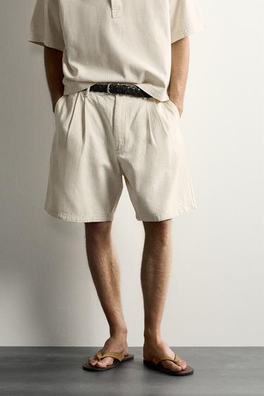 STRIPED PLEATED WIDE-LEG BERMUDA SHORTS - Ecru by Zara