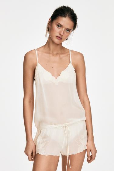 Zara Flowing camisole top with embroidered detail - Ecru - Image 0