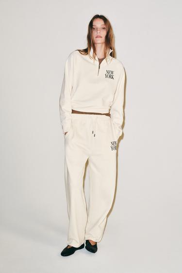 STRAIGHT FIT TEXT TROUSERS - Oyster-white by Zara