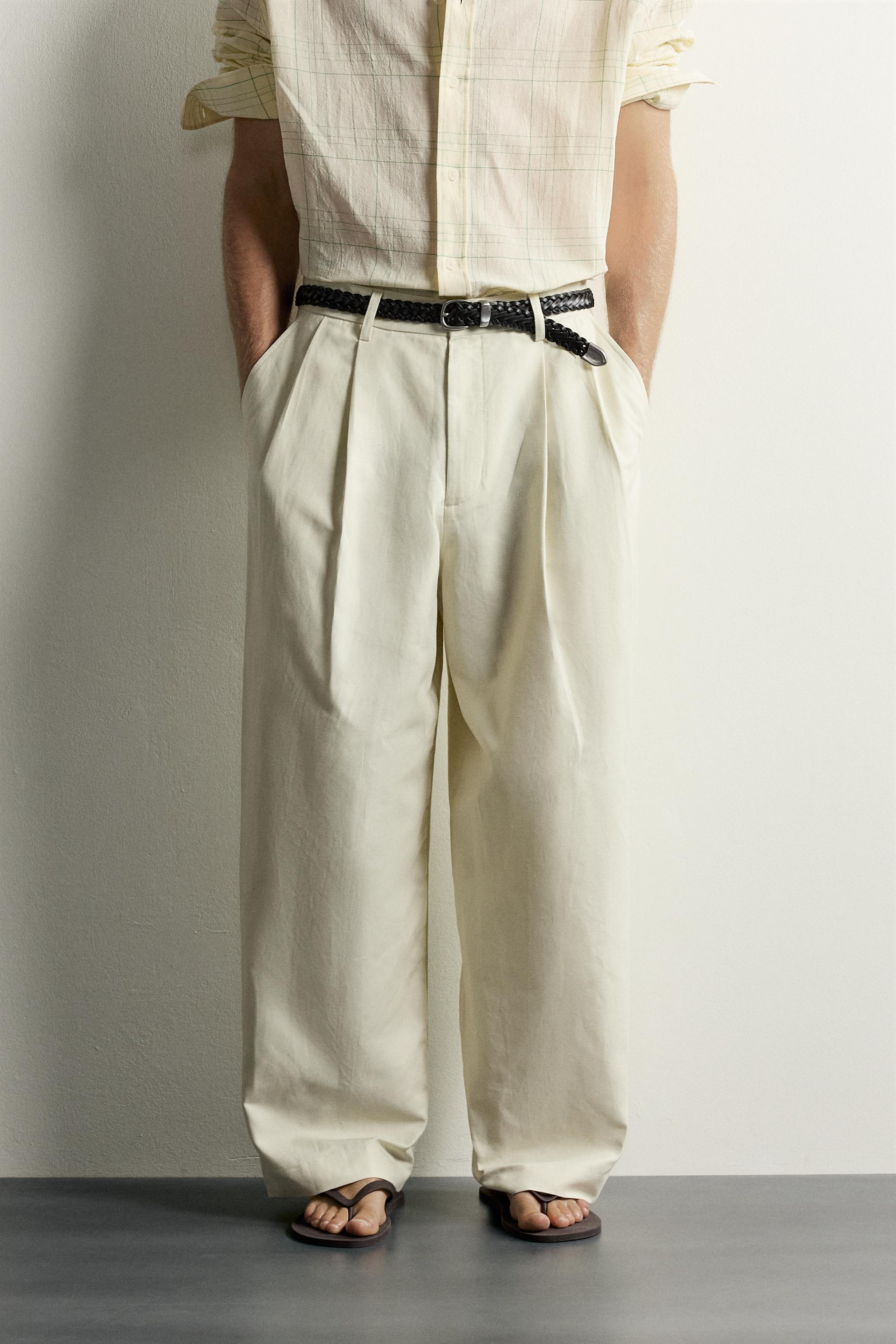 COTTON-LINEN PLEATED CHINO TROUSERS — Sea green