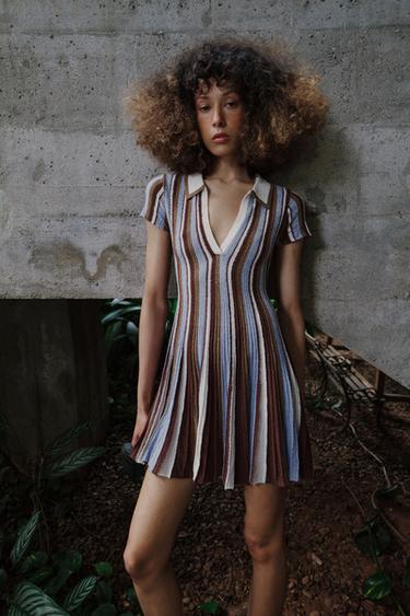 STRIPED POLO COLLAR DRESS - Brown-Blue by Zara