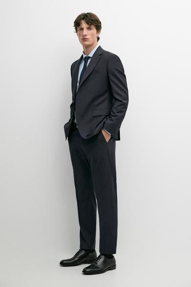 Zara Striped 100% cool wool suit blazer - Navy blue - Image 0