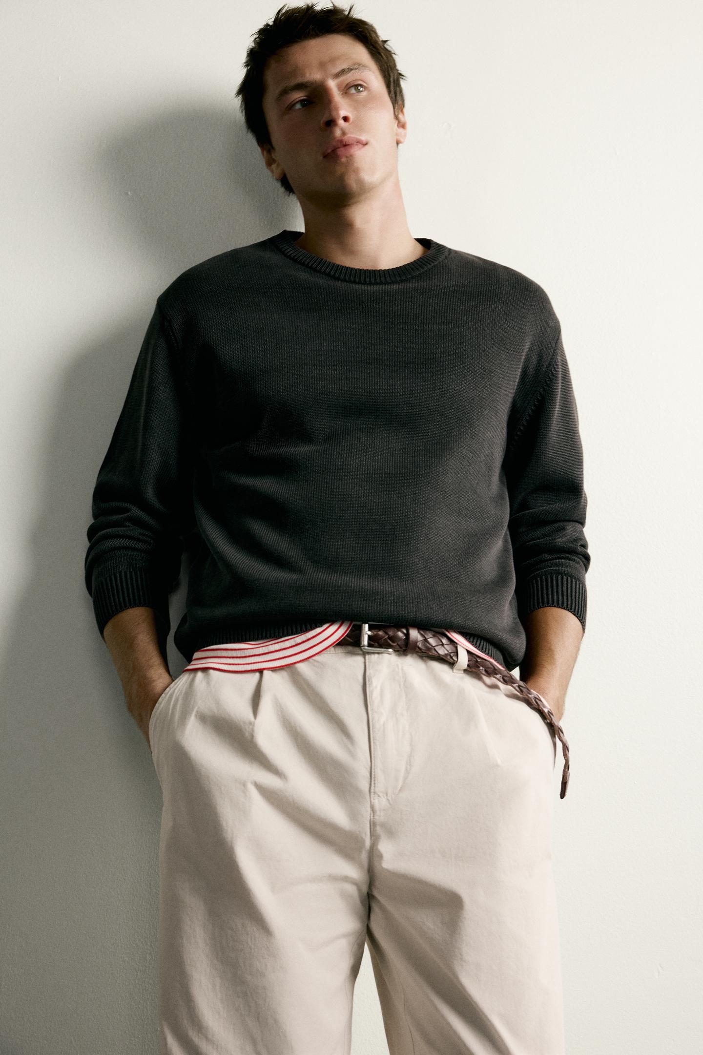Мужские брюки Zara Pleated Straight Fit Chino, цвет: Экрю — фото 6