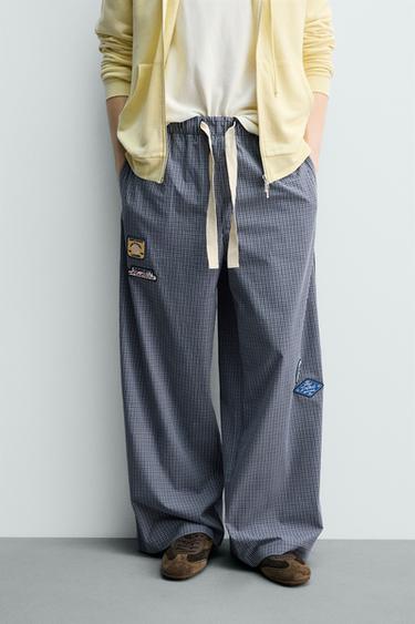 Zara RELAXED FIT PATCHWORK CHECK PANTS - Navy blue