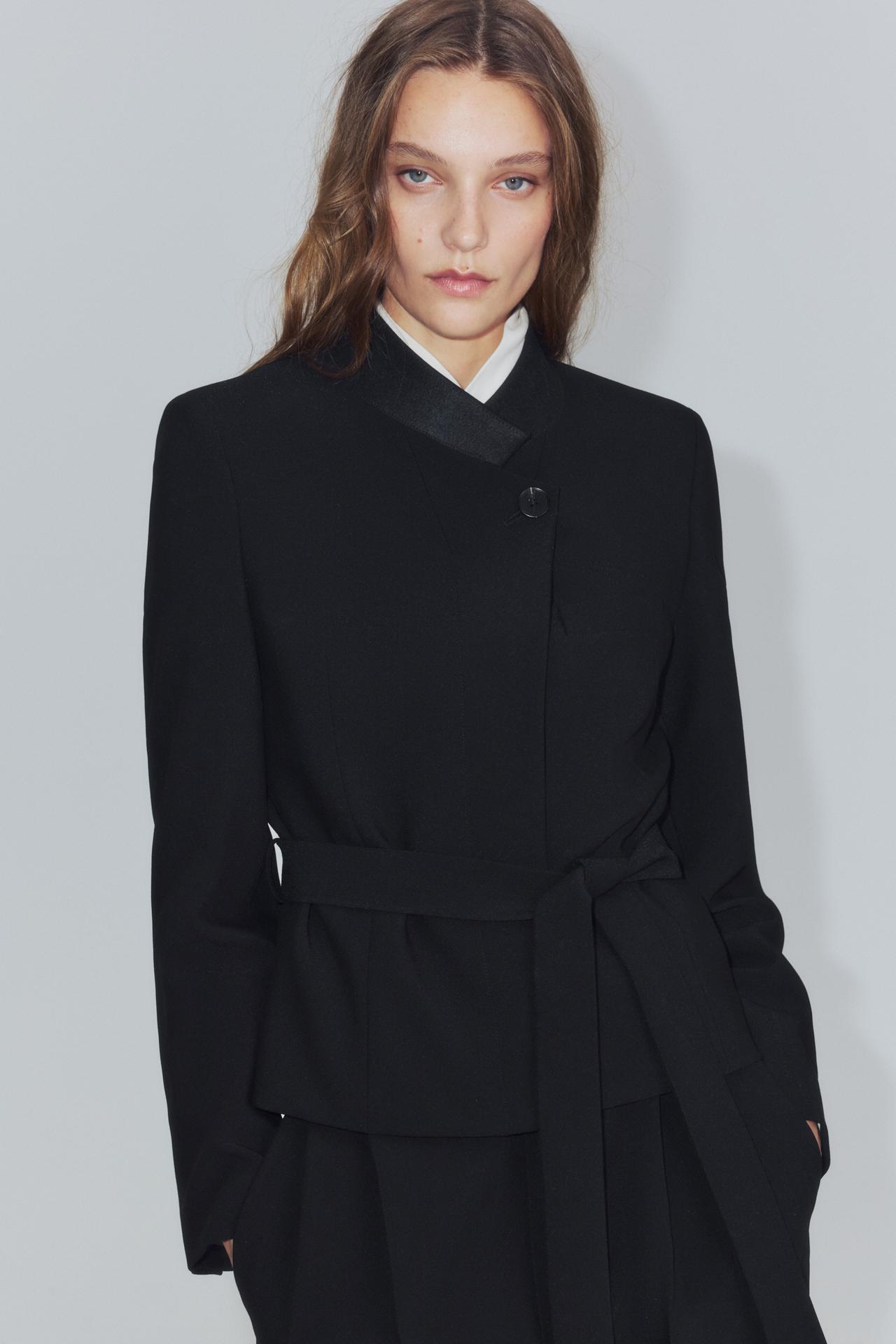 ZW COLLECTION STRIPED COMBINED COLLAR BELTED BLAZER — Black