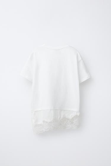 T-SHIRT EN MATIÈRES VARIÉES AVEC DENTELLE - Blanc de Zara - Image 1