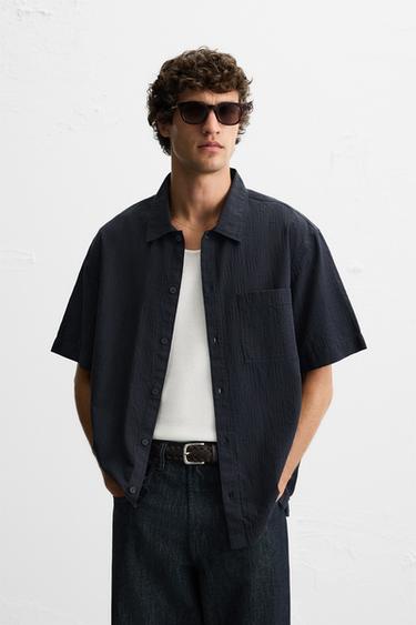 COTTON/LYOCELL JACQUARD SHIRT - Navy blue by Zara - Image 1