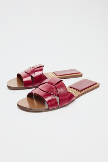 CROSS-OVER LEATHER SLIDES - Burgundy Red by Zara - Image 2