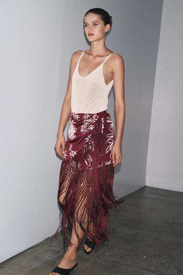 Zara EMBROIDERED FRINGED WRAP SKIRT - Burgundy