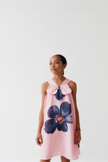 100% LINEN FLORAL DRESS - Pink by Zara