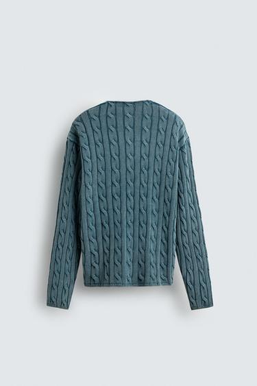 Zara WASHED CABLE KNIT SWEATER - Duck blue