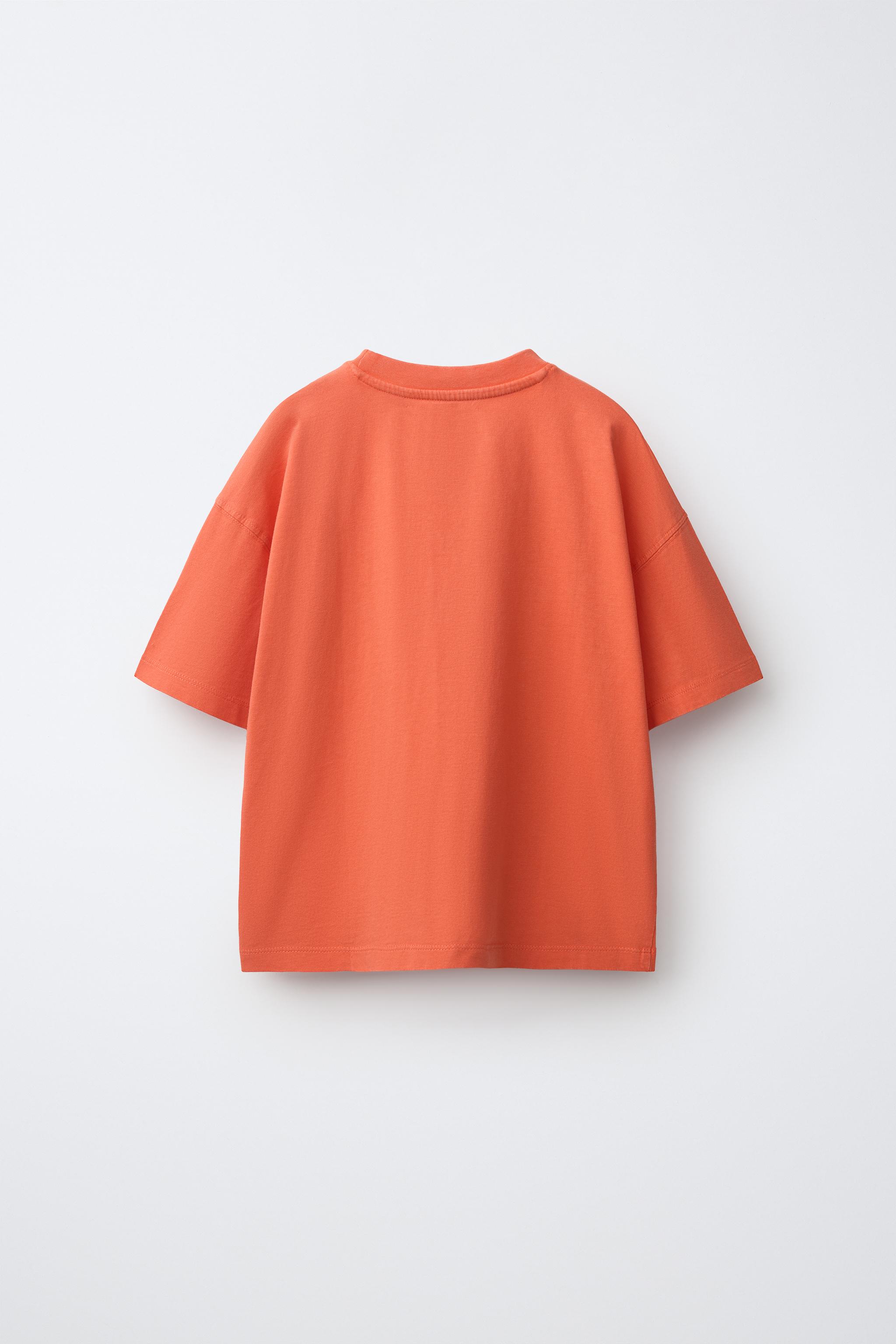 WASHED EFFECT EMBROIDERED LOGO POCKET T-SHIRT — Orange