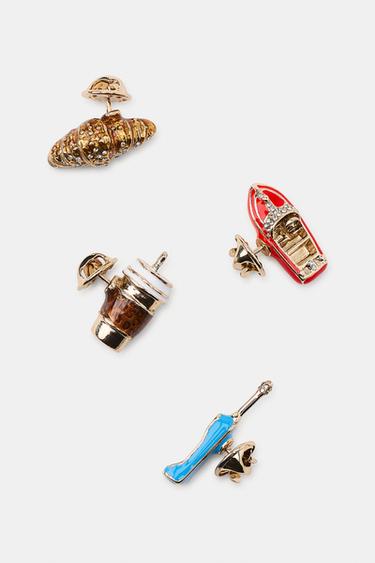 PACK OF 4 TELEPHONE, BOAT, FLASK AND CROISSANT PINS - Golden by Zara