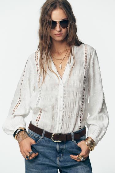 Zara DOTTED MESH LACE TRIM BLOUSE - White