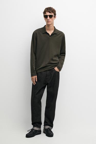 Zara 100% cotton long sleeve polo shirt - Light tan - Image 0