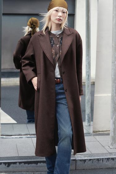 Zara 拼接領人造皮革大衣 - 棕色