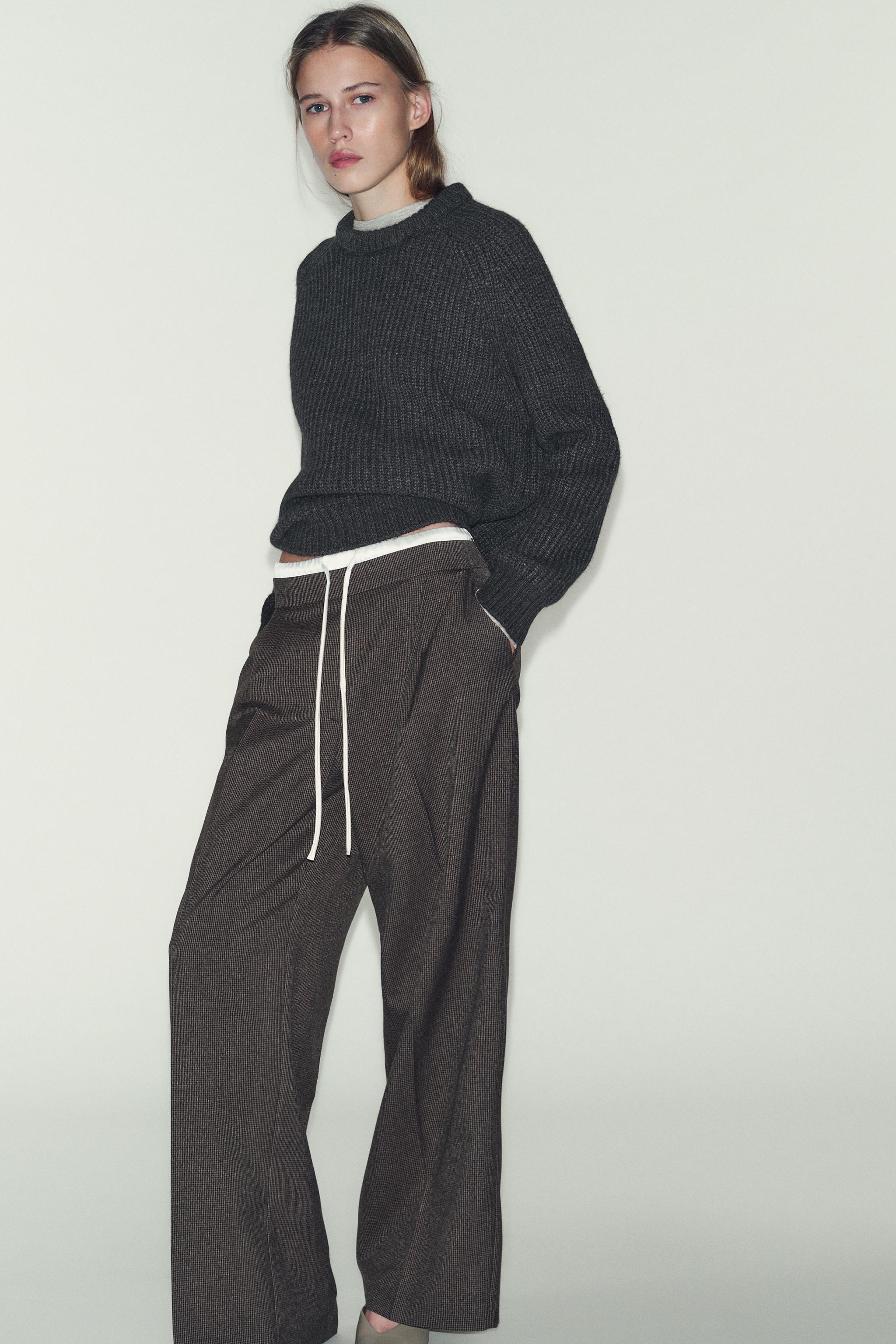 WIDE LEG DOUBLE WAISTBAND HOUNDSTOOTH PANTS - Dark brown | ZARA