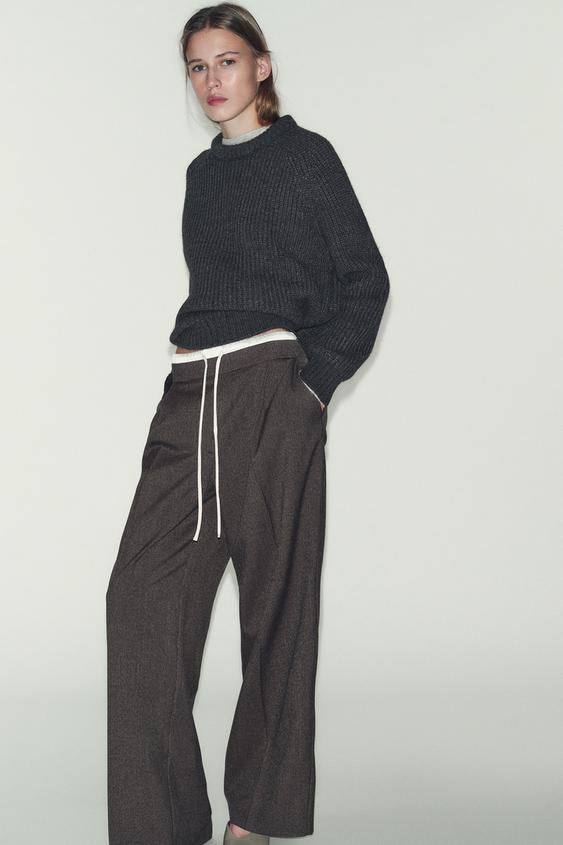 WIDE LEG DOUBLE WAISTBAND HOUNDSTOOTH PANTS