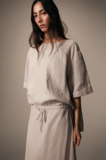 100% LINEN TOP ZW COLLECTION - Sand by Zara