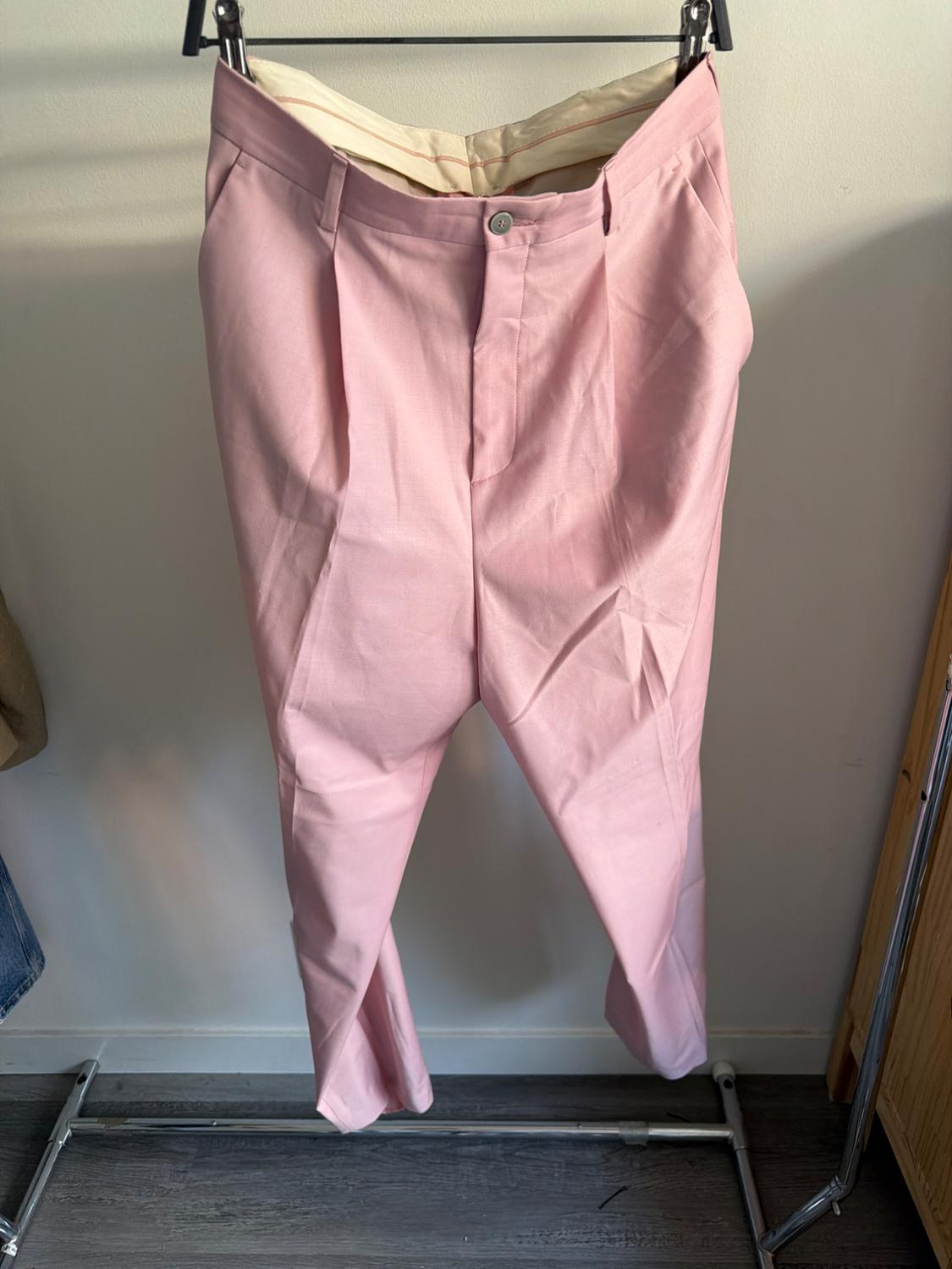 Light pink trousers hanging on a hanger against a white background, with pleat details and a front button.