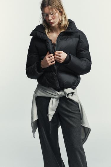 Zara SHORT WATER REPELLENT WINDPROOF PUFFER JACKET WITH HOODIE - Black