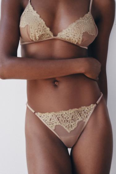 LACE MESH THONG — Beige-pink 1