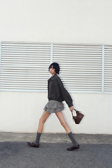 Zara 格紋繫帶短褲裙 - 灰色 / 藍色