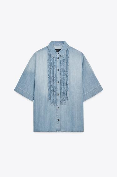 ZW COLLECTION DENIM SHIRT WITH JABOT FRILL - Blue by Zara