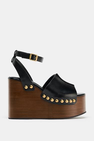 Zara 鉚釘真皮坡跟涼鞋 - 黑色