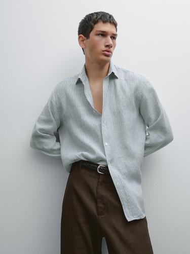 Zara Regular fit striped linen shirt - Navy blue