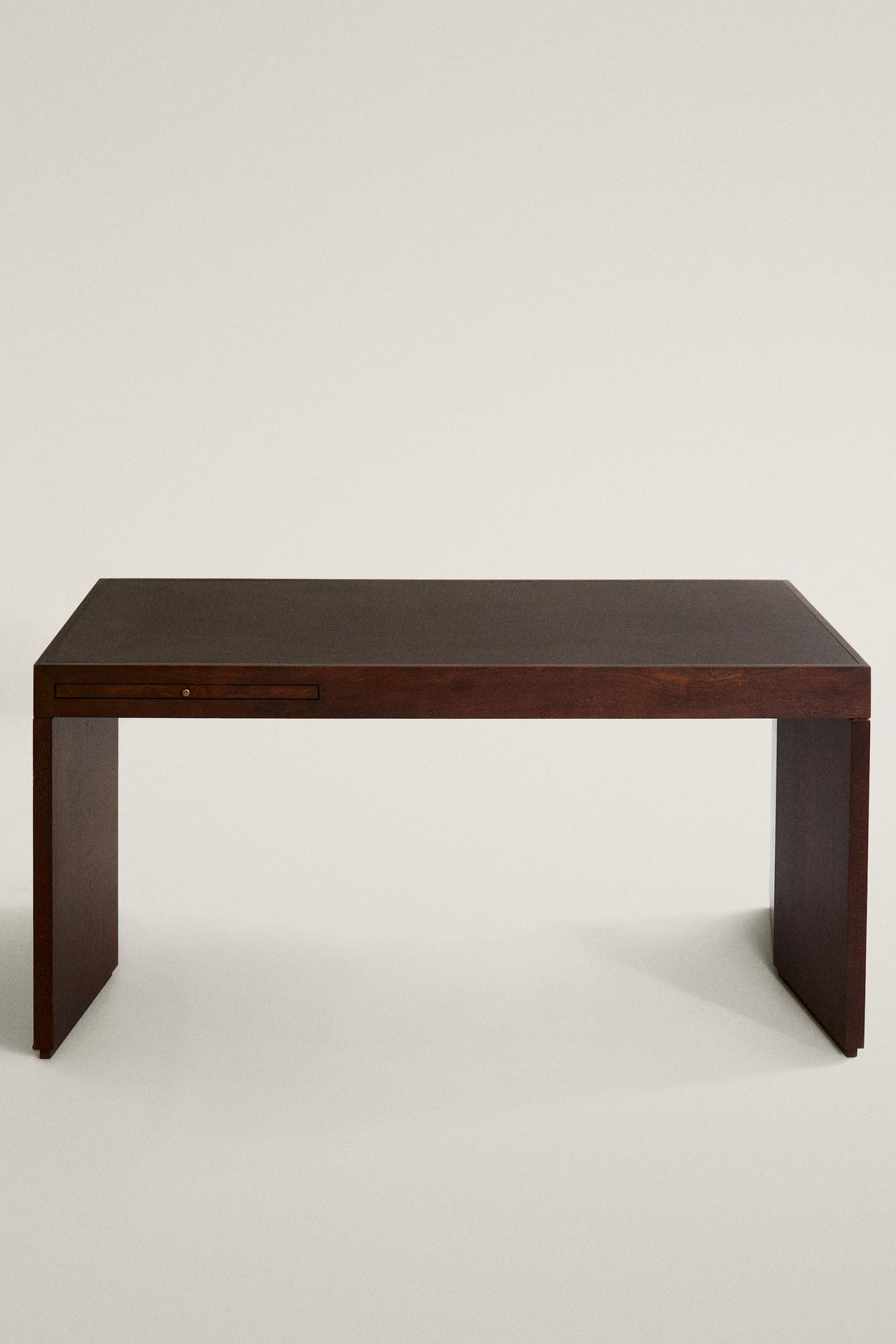 WOOD AND LEATHER DESK — Dark brown