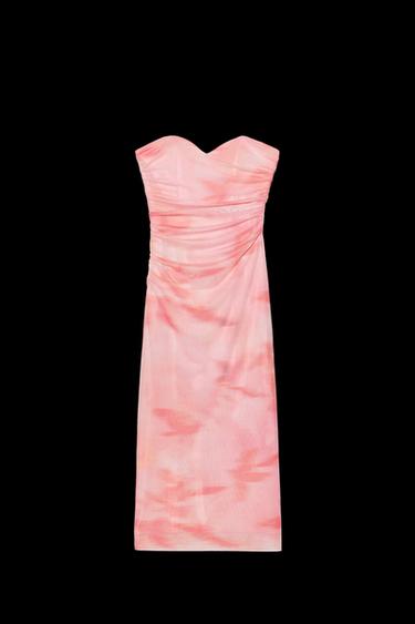 Zara STRAPLESS PRINTED TULLE DRESS - Pink - Image 0