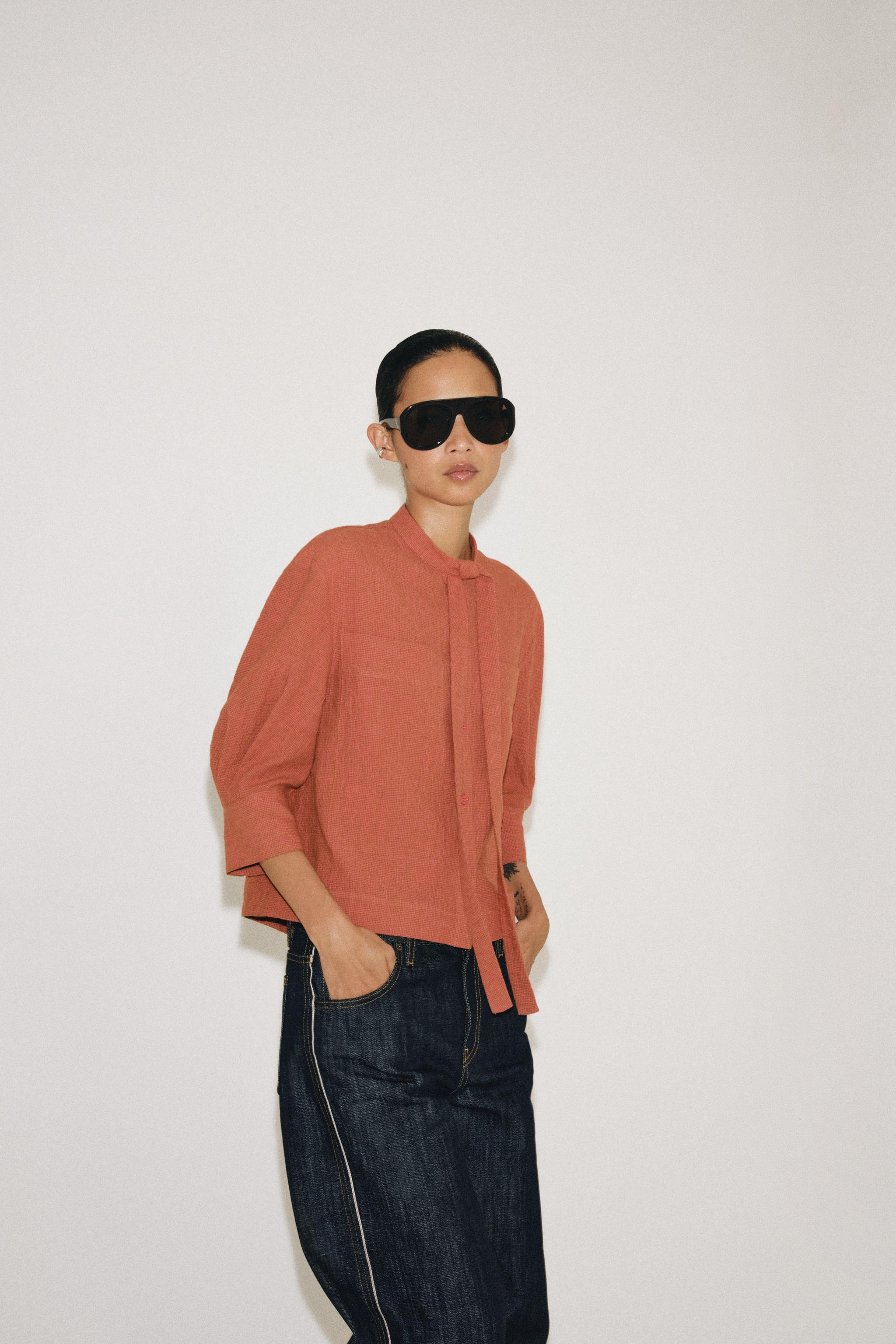 Zara ZW COLLECTION BAĞLAMALI KETEN İÇERİKLİ GÖMLEK görsel 5