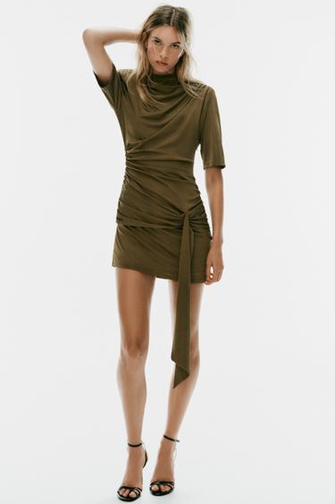 Zara GATHERED MINI DRESS WITH SASH - Khaki - Image 0