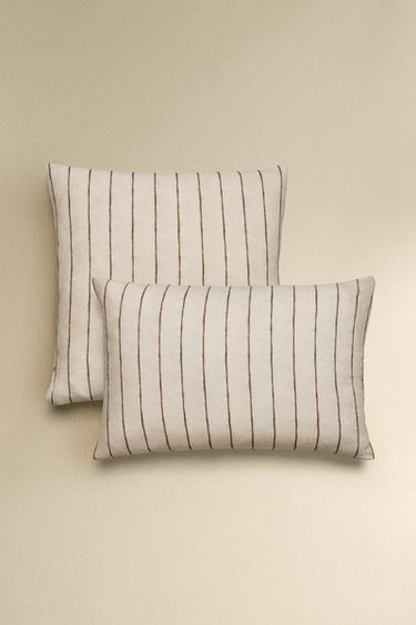 Zara STRIPED COTTON AND LINEN PILLOWCASE - Light beige