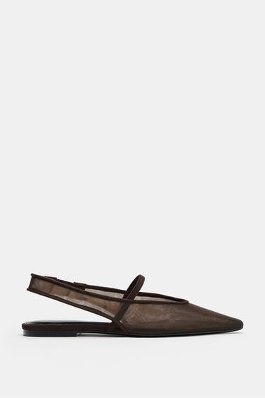 メッシュスリングバックフラットシューズブラウンZaraのメッシュスリングバックフラットシューズ - ブラウン