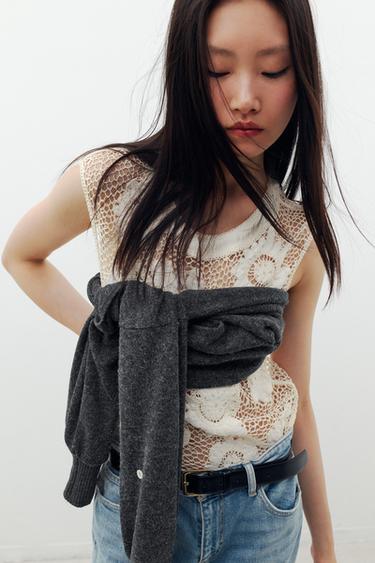 フラワー柄クロシェ編みトップスホワイトZaraのフラワー柄クロシェ編みトップス - ホワイト 