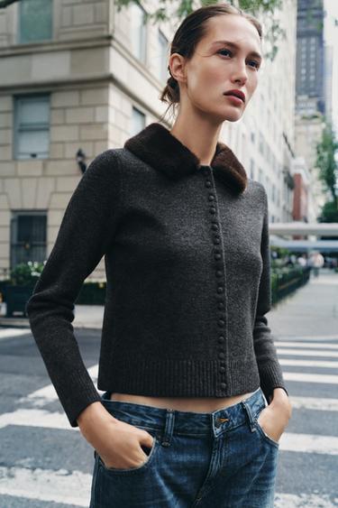 VESTE EN MAILLE À REVERS EFFET FOURRURE - Gris anthracite de Zara