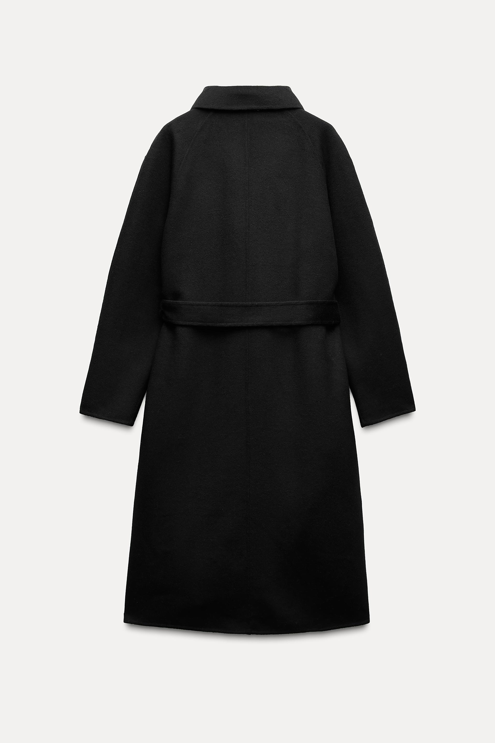 Zara Black Belted Fold Down Funnel top Neck Oversized Hood Wool Coat Peacoat