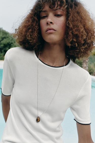 SHORT SLEEVE KNIT JUMPER WITH CONTRAST TRIMS - White / Navy by Zara