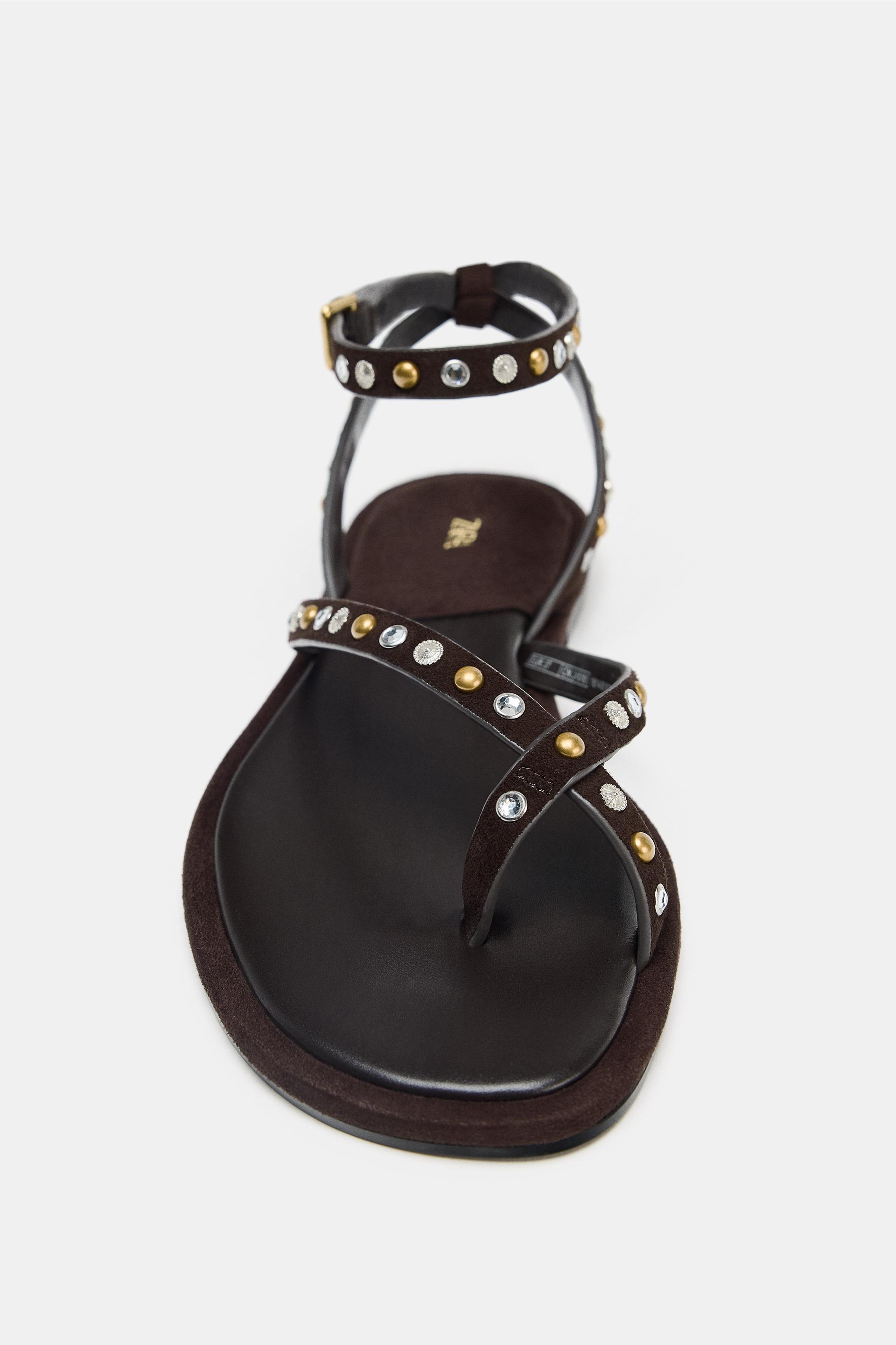 BEADED LEATHER SANDALS Brown ZARA Spain