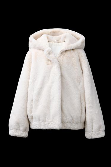 Zara FAUX FUR HOODED JACKET - Ecru - Image 0