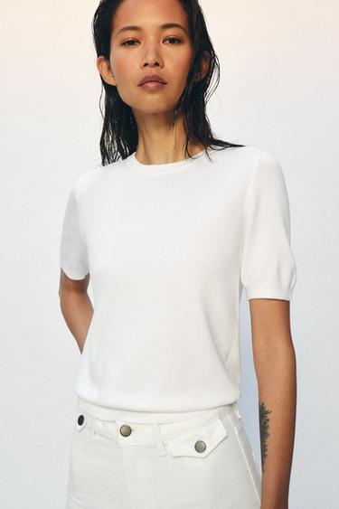 BASIC KNIT SHORT SLEEVE JUMPER - White by Zara
