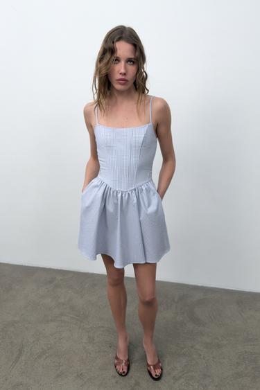 ПЛАТЬЕ-КОРСЕТ В КЛЕТКУ ВИШИ С ОБЪЕМНОЙ ЮБКОЙ — Синий/Белый от Zara