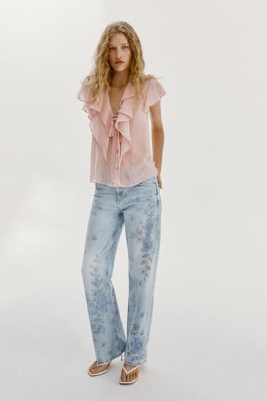 BLUSA COM FOLHOS E LAÇO - Rosa-pastel da Zara
